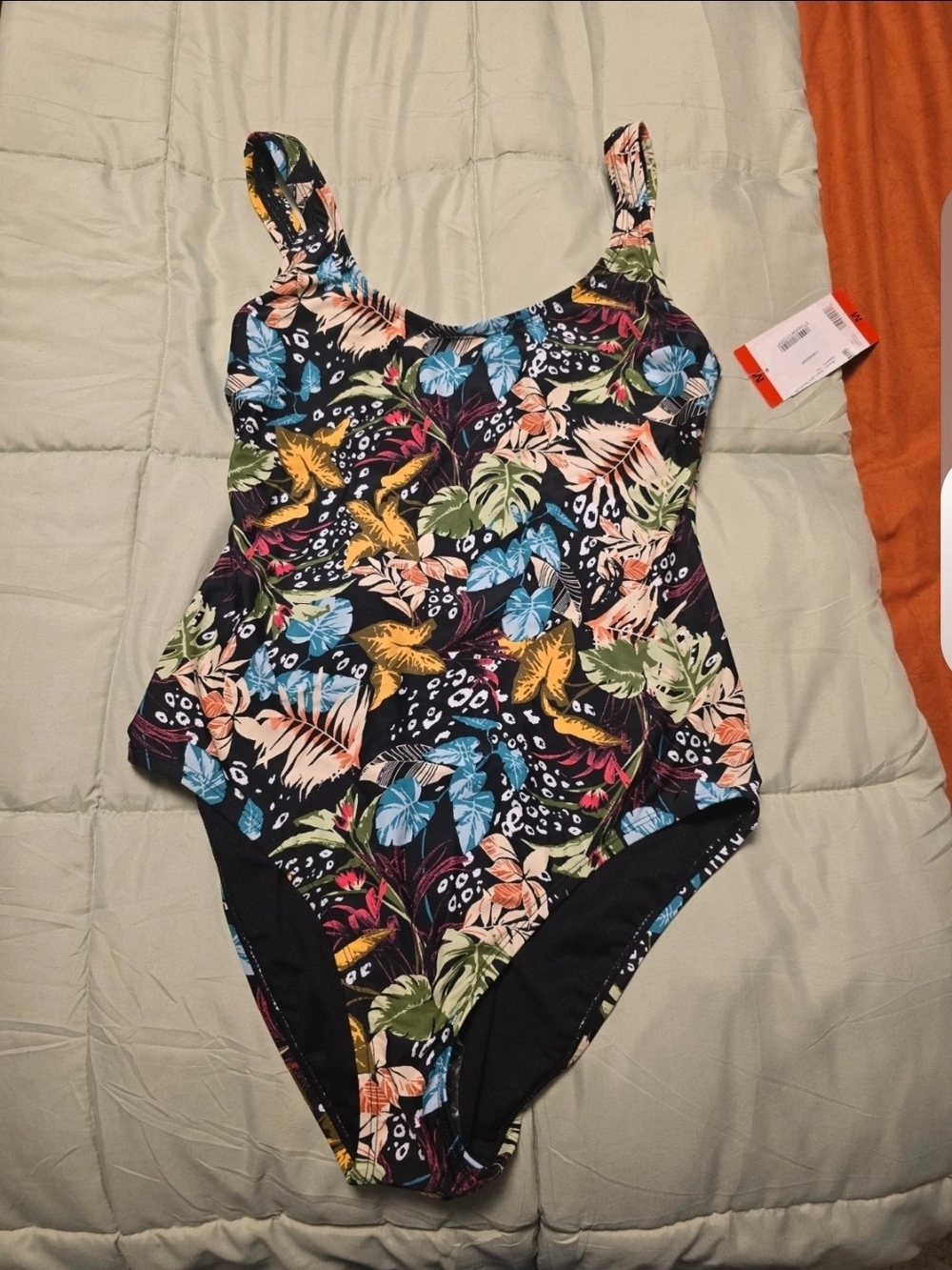 OP Girls Black Tropical Leaf One-Piece Swimsuit